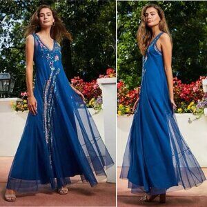 JOHNNY WAS Mazzy Maxi DRESS Size XS Embroidered Mesh V-Neck Sleeveless NEW $318